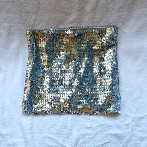 Silver sequin tube top/ mini skirt sz XS Small waist cincher rave festival party